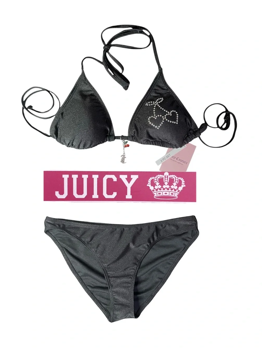 Juicy Couture 2-pc Bikini Black Triangle Tie-Strap Rhinestone Cherry Med NEW NWT